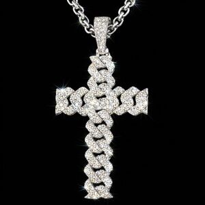 GRA Moissanite Cuban Link Cross Necklace Iced Out Sterling Tone Certified